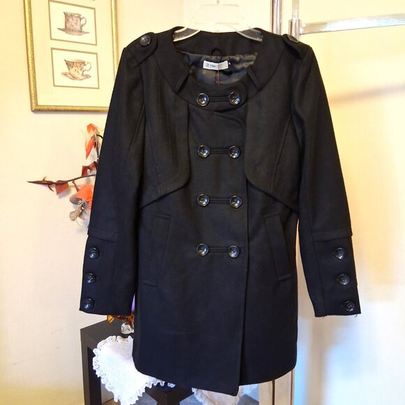 NWT 2 Two Women's Black Double Breasted Wool Blend Lined Winter Pea Coat - Picture 14 of 15